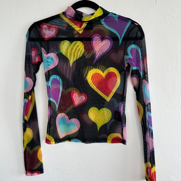 Lazy Oaf Long-Sleeve Multi-Color Heart Mesh Top 💛🩷🖤❤️ - Picture 1 of 7